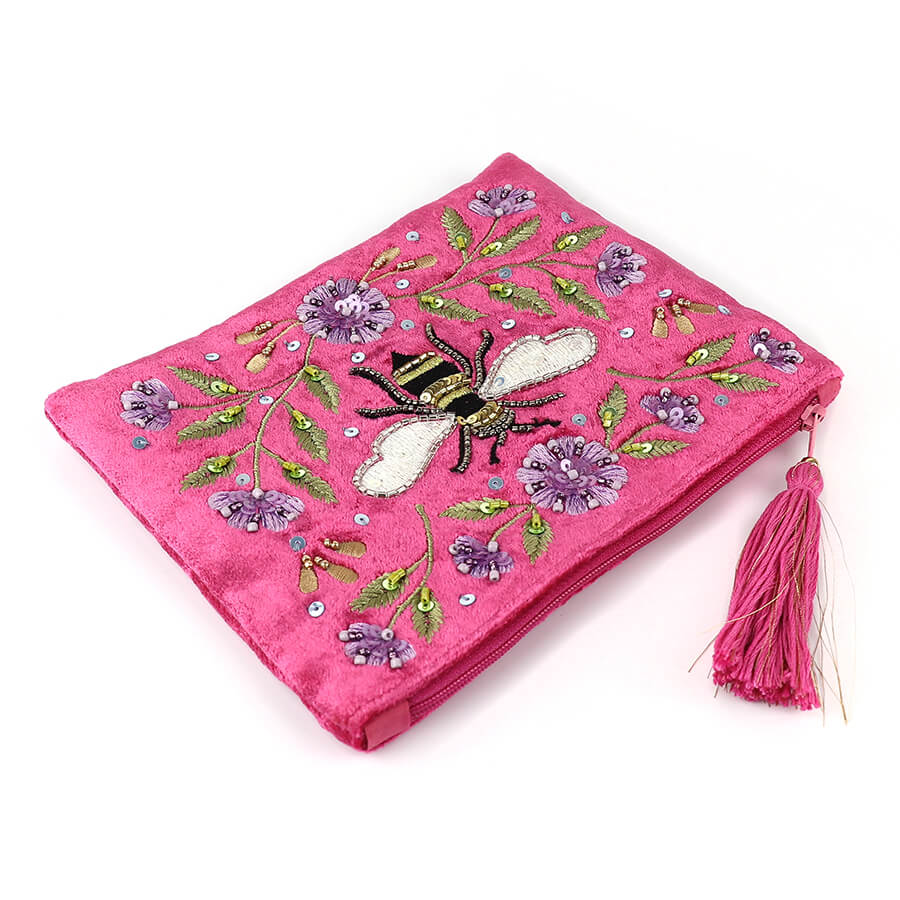 Hot Pink Velvet Purse With Floral Bee Embroidery | The Jewellery Stop