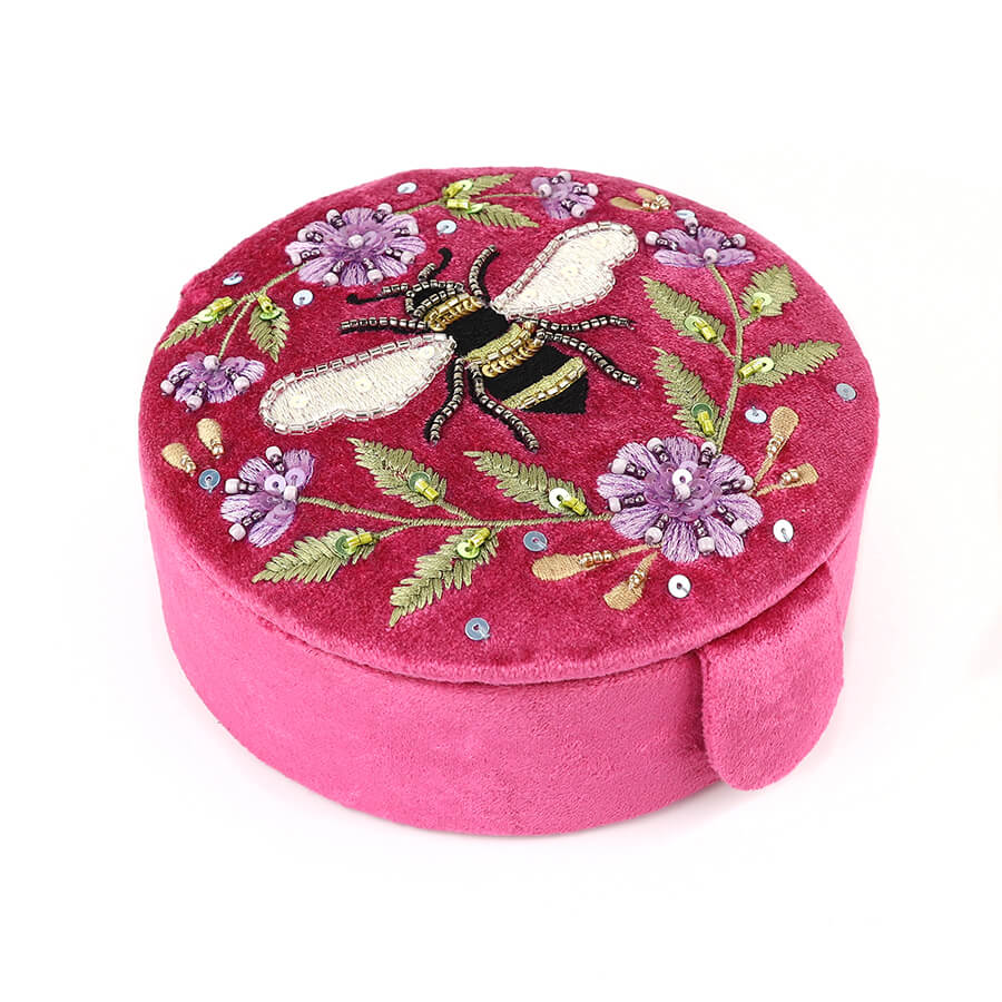 Hot Pink Round Velvet Jewellery Box With Floral Bee Embroidery | The Jewellery Stop