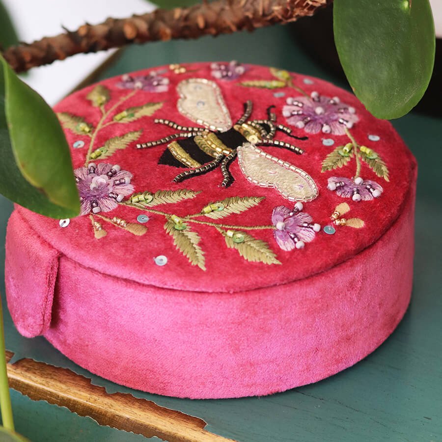 Hot Pink Round Velvet Jewellery Box With Floral Bee Embroidery | The Jewellery Stop
