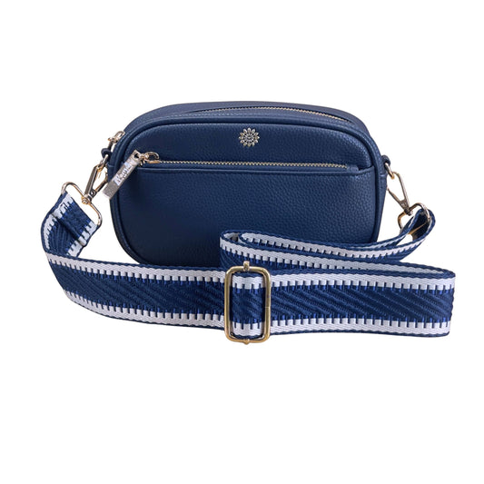 Navy Vegan Leather Camera Bag With Removable Strap