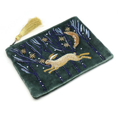 Midnight Green Velvet Purse With Embroidered Leaping Hare | The Jewellery Stop