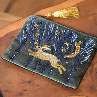 Midnight Green Velvet Purse With Embroidered Leaping Hare | The Jewellery Stop