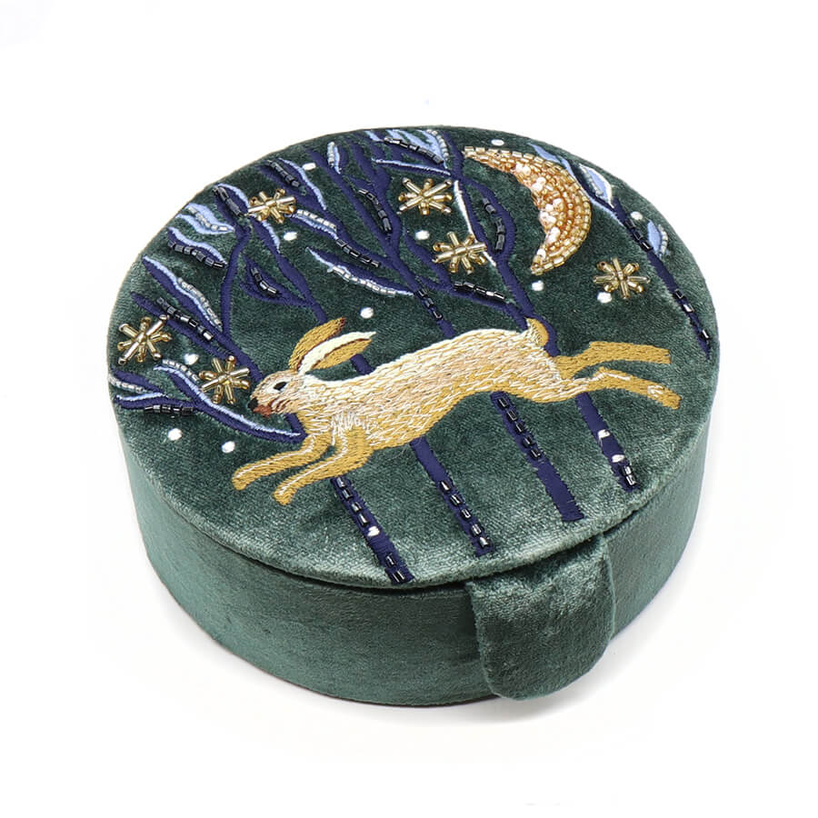 Midnight Green Round Velvet Jewellery Box With Embroidered Leaping Hare | The Jewellery Stop