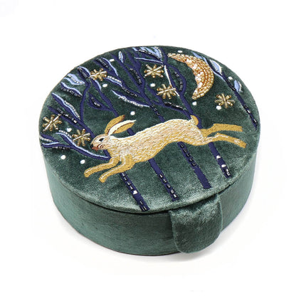 Midnight Green Round Velvet Jewellery Box With Embroidered Leaping Hare | The Jewellery Stop