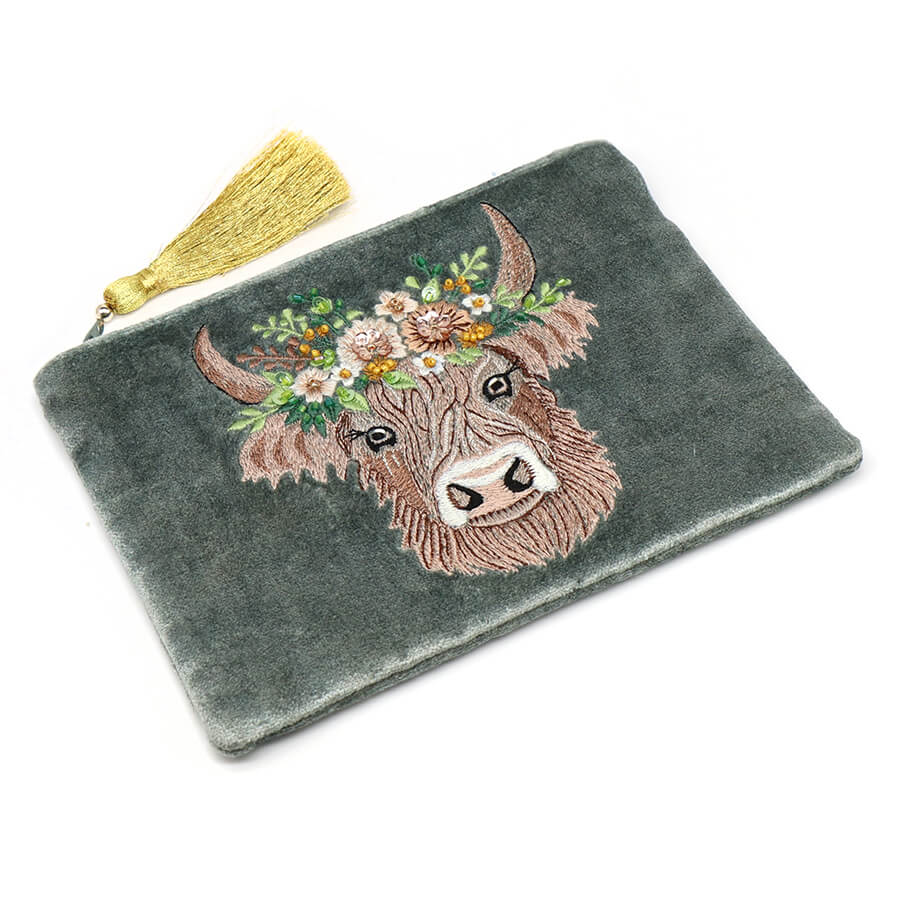 Seafoam Velvet Purse With Embroidered Highland Cow In Flower Crown And Zip Tassel | The Jewellery Stop