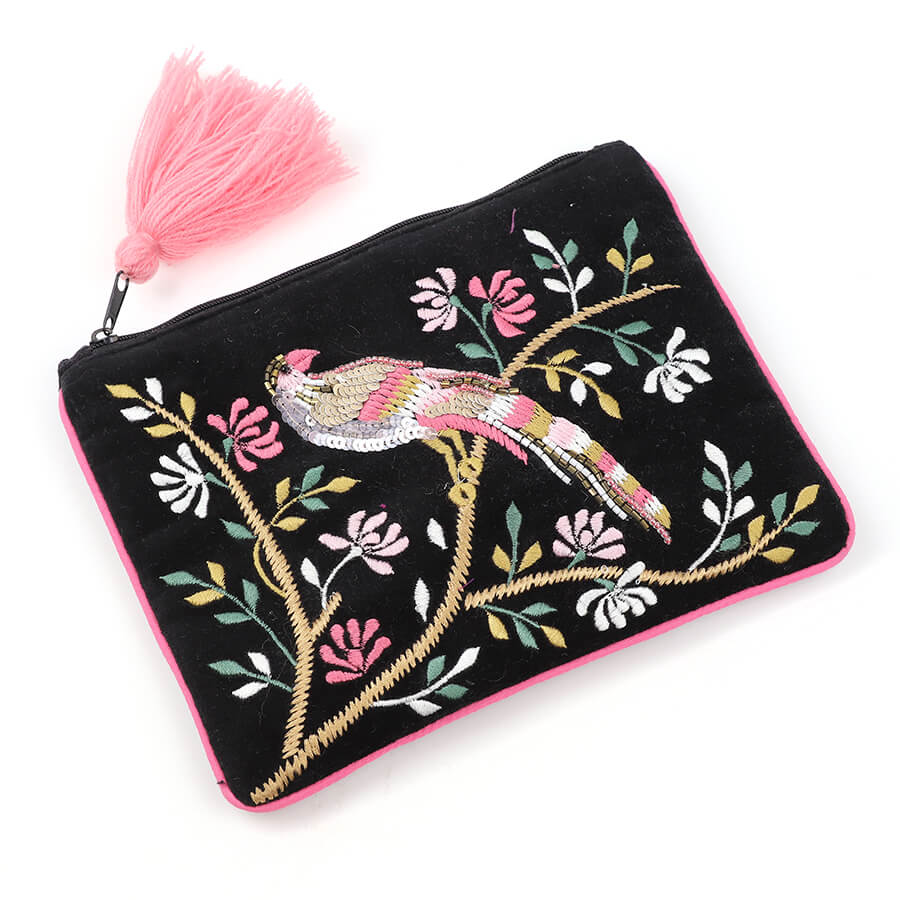 Black Velvet Purse With Embroidered Bird Of Paradise | The Jewellery Stop