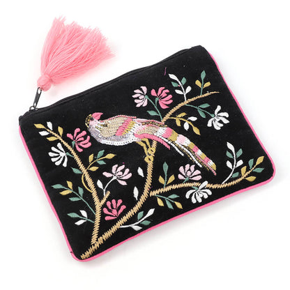 Black Velvet Purse With Embroidered Bird Of Paradise | The Jewellery Stop