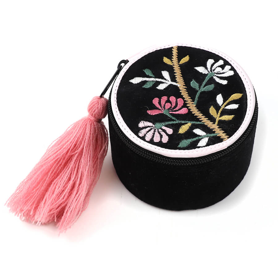 Black Velvet Round Trinket Box With Embroidered Floral Pattern