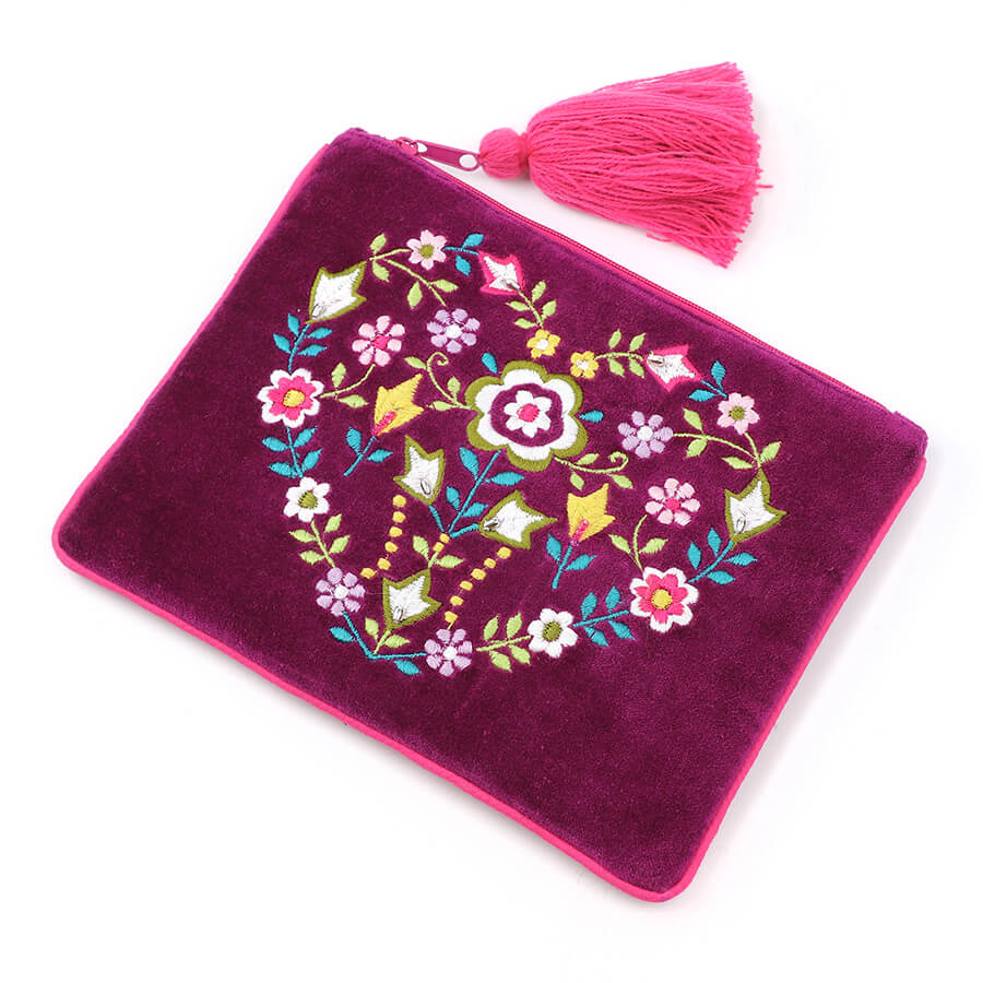 Wine Velvet Purse With Embroidered Floral Heart Wreath