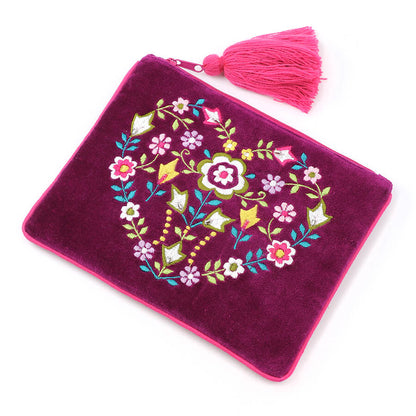 Wine Velvet Purse With Embroidered Floral Heart Wreath | The Jewellery Stop