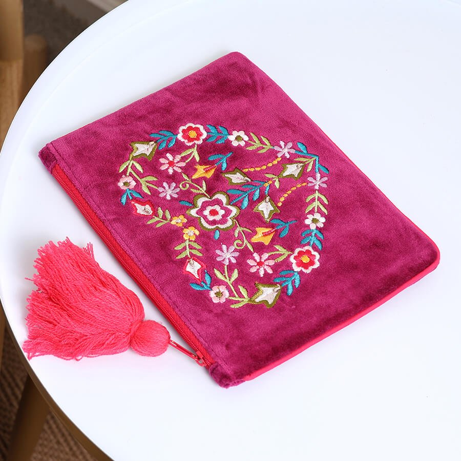 Wine Velvet Purse With Embroidered Floral Heart Wreath | The Jewellery Stop