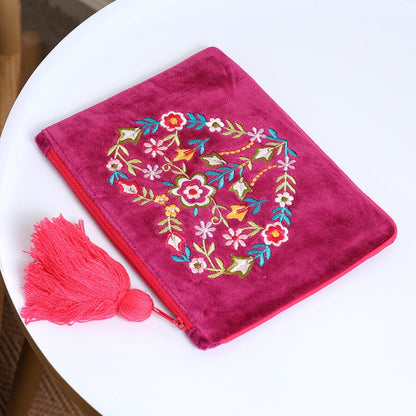 Wine Velvet Purse With Embroidered Floral Heart Wreath | The Jewellery Stop