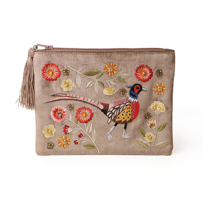 Fawn Velvet Purse With Embroidered Pheasant | The Jewellery Stop