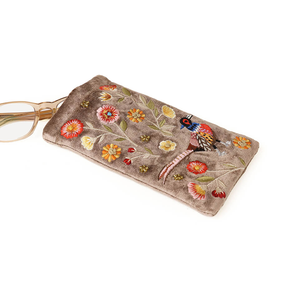 Fawn Velvet Glasses Case With Embroidered Pheasant | The Jewellery Stop