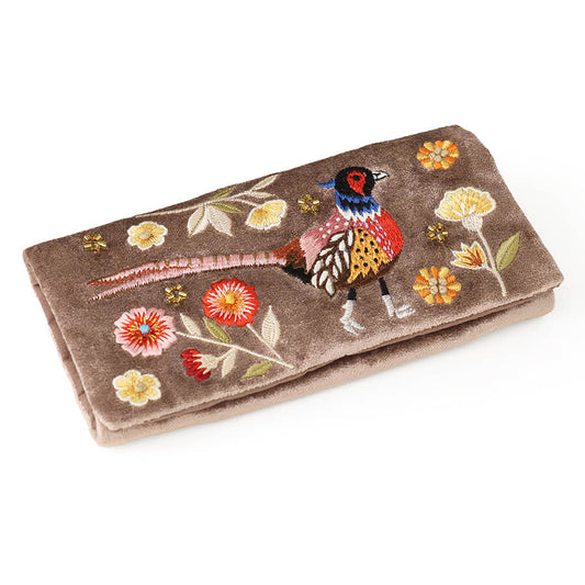 Fawn Velvet Jewellery Roll With Embroidered Pheasant