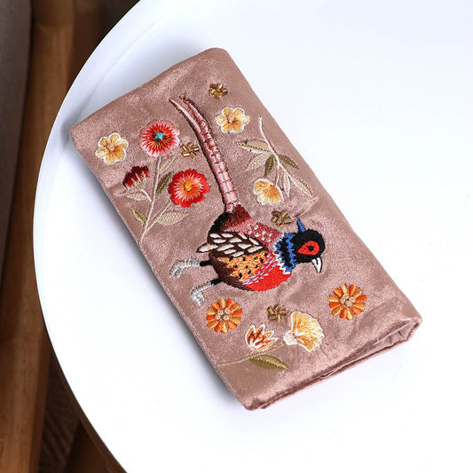 Fawn Velvet Jewellery Roll With Embroidered Pheasant