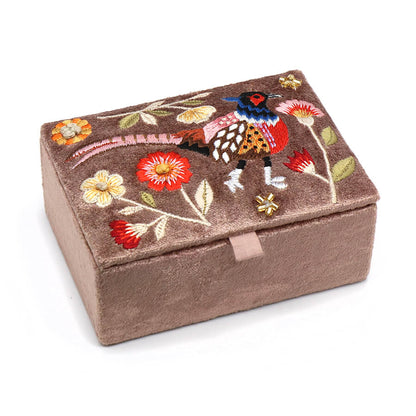 Fawn Velvet Jewellery Box With Embroidered Pheasant | The Jewellery Stop