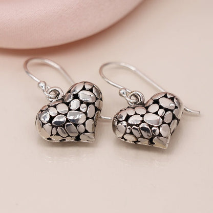 Sterling Silver Pebble Puff Heart Fish Hook Earrings | The Jewellery Stop