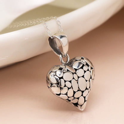 Sterling Silver Pebble Puff Heart Pendant On Chain | The Jewellery Stop