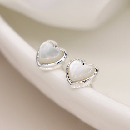 Sterling Silver White Mother Of Pearl Heart Stud Earrings | The Jewellery Stop