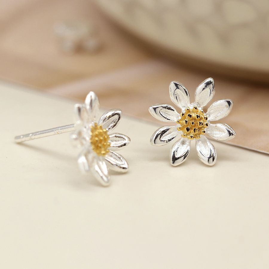 Two Tone Sterling Silver Flower Stud Earrings