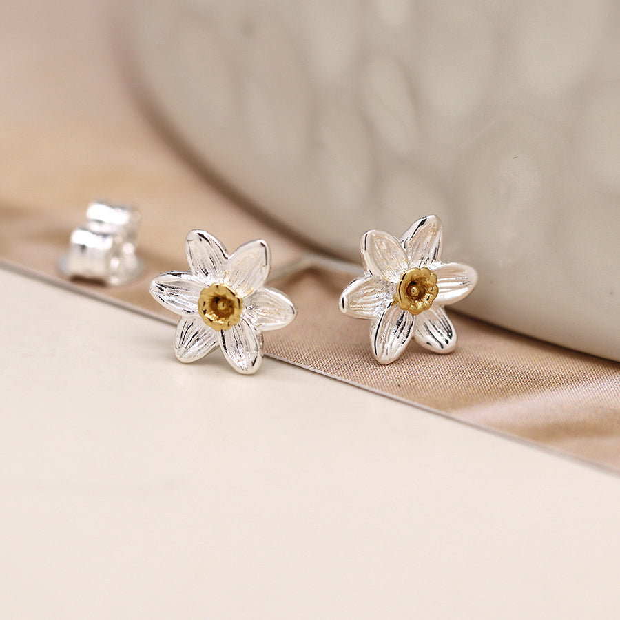 Two Tone Sterling Silver Daffodil Stud Earrings