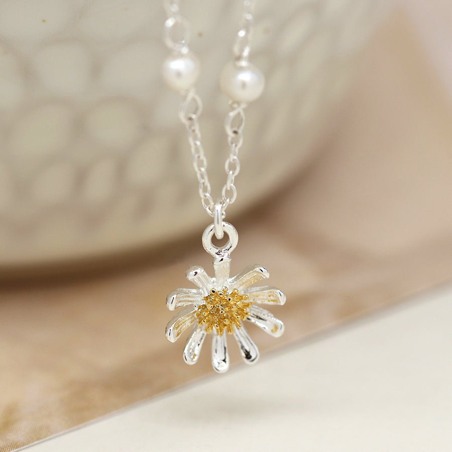 Two Tone Sterling Silver Daisy And Pearl Chain Necklace | The Jewellery Stop