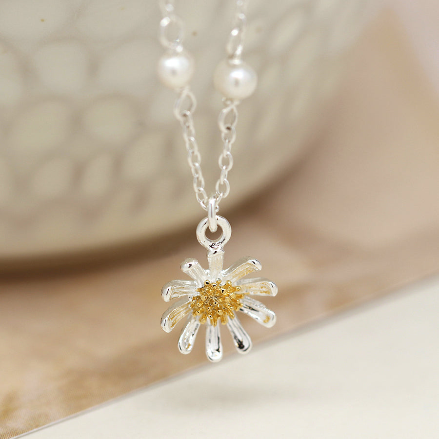 Two Tone Sterling Silver Daisy And Pearl Chain Necklace