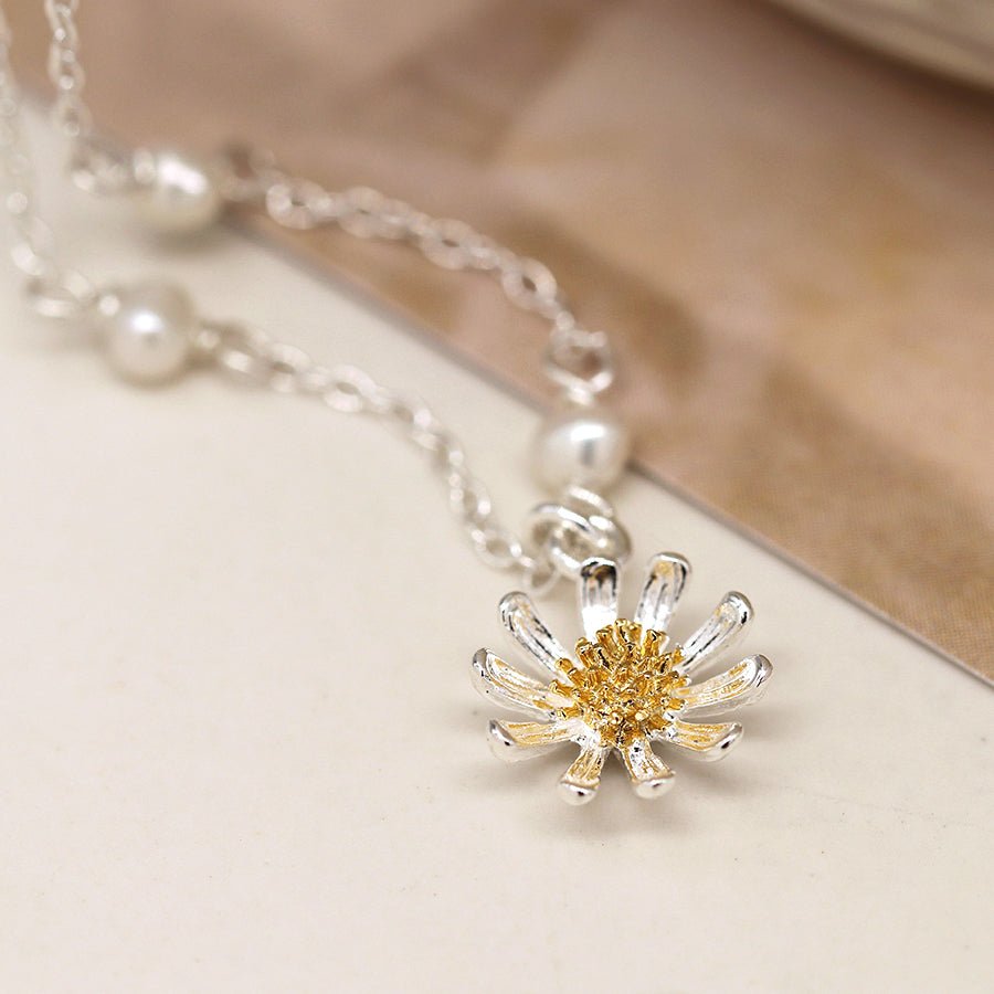 Two Tone Sterling Silver Daisy And Pearl Chain Necklace | The Jewellery Stop