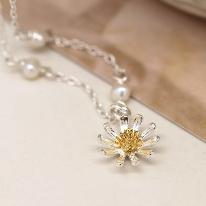 Two Tone Sterling Silver Daisy And Pearl Chain Necklace | The Jewellery Stop