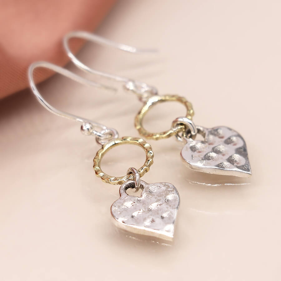 Hammered Brass Hoop And Sterling Silver Heart Drop Earrings