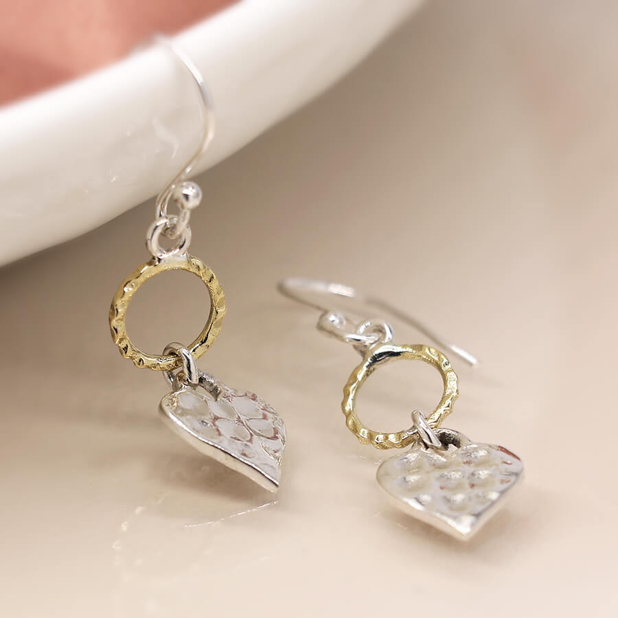 Hammered Brass Hoop And Sterling Silver Heart Drop Earrings