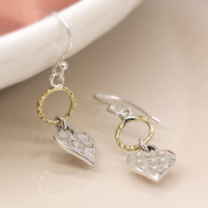 Hammered Brass Hoop And Sterling Silver Heart Drop Earrings