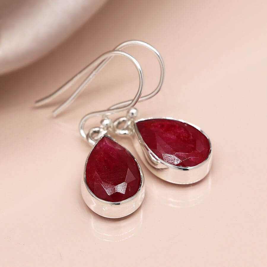 Teardrop Sterling Silver Faceted Ruby Fish Hook Earrings