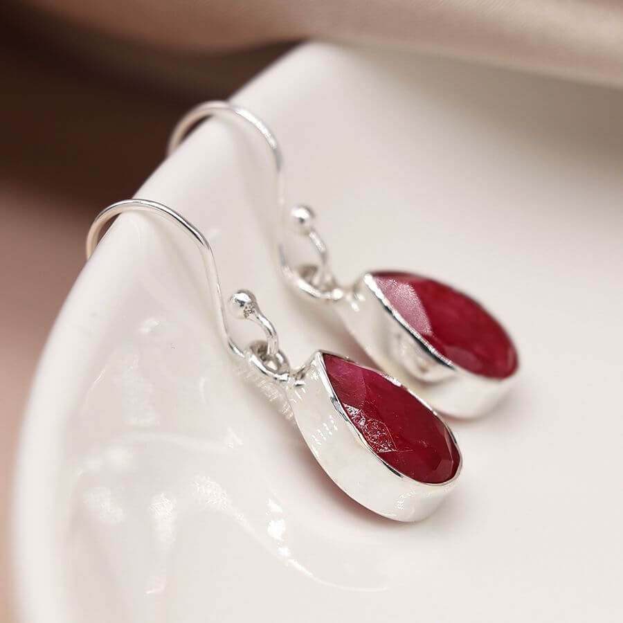 Teardrop Sterling Silver Faceted Ruby Fish Hook Earrings
