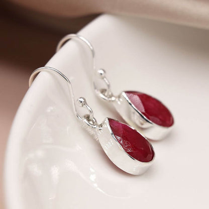 Teardrop Sterling Silver Faceted Ruby Fish Hook Earrings