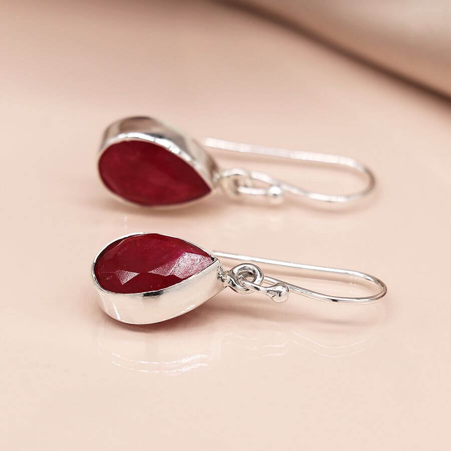 Teardrop Sterling Silver Faceted Ruby Fish Hook Earrings