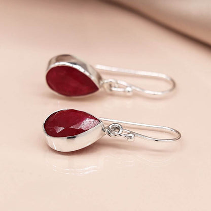 Teardrop Sterling Silver Faceted Ruby Fish Hook Earrings