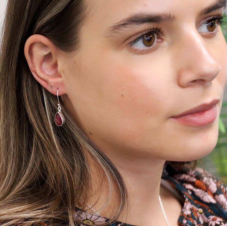 Teardrop Sterling Silver Faceted Ruby Fish Hook Earrings