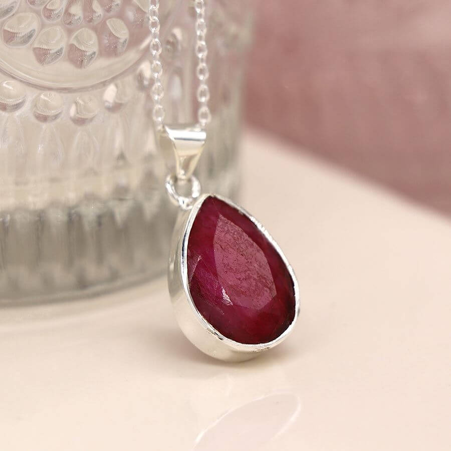 Teardrop Sterling Silver Faceted Ruby Pendant On Chain | The Jewellery Stop