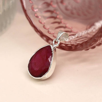 Teardrop Sterling Silver Faceted Ruby Pendant On Chain | The Jewellery Stop