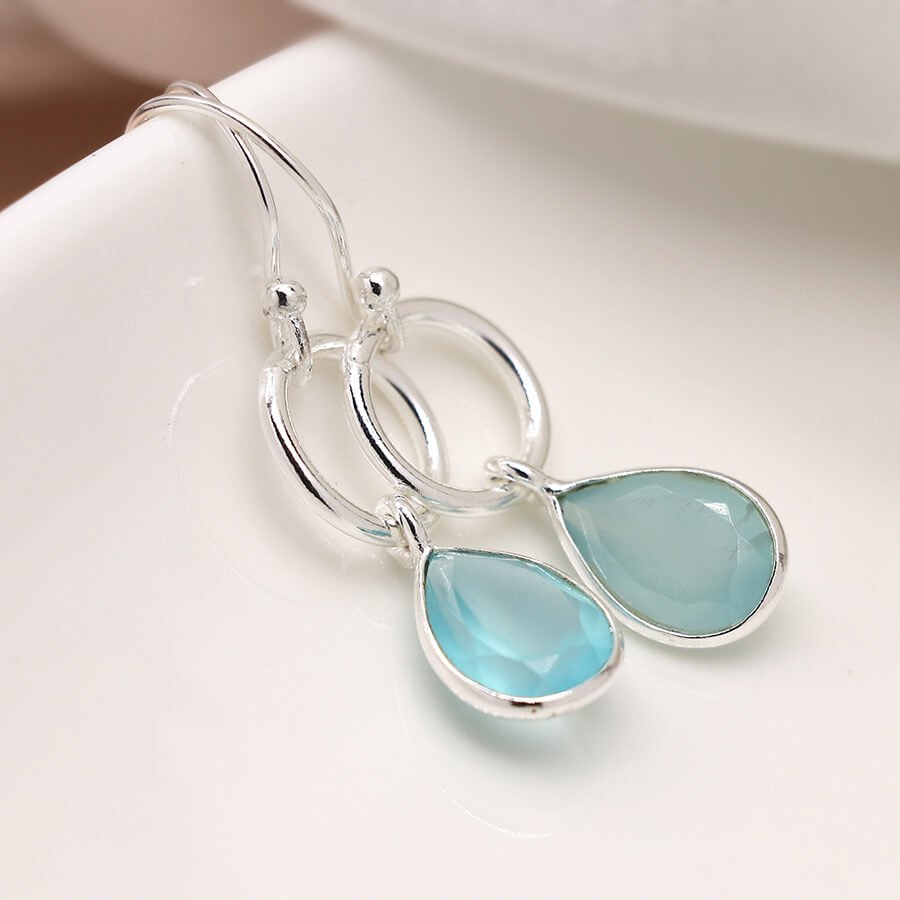 Sterling Silver Hoop Drop Earrings With Blue Chalcedony Teardrop | The Jewellery Stop