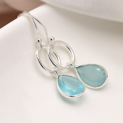 Sterling Silver Hoop Drop Earrings With Blue Chalcedony Teardrop | The Jewellery Stop