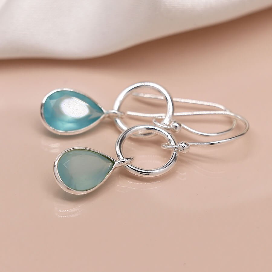 Sterling Silver Hoop Drop Earrings With Blue Chalcedony Teardrop | The Jewellery Stop