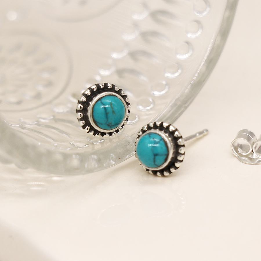 Dotted sterling silver round turquoise stud earrings