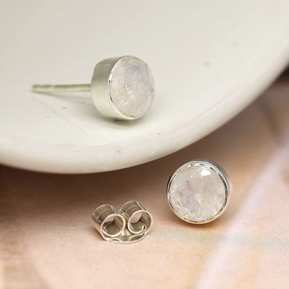 Round Rainbow Moonstone Sterling Silver Stud Earrings | The Jewellery Stop
