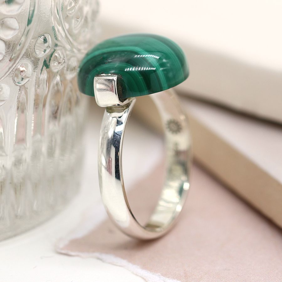 Sterling Silver Round Malachite Cabochon Ring | The Jewellery Stop