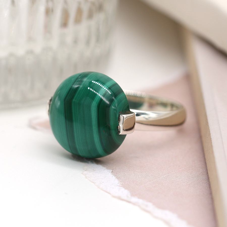 Sterling Silver Round Malachite Cabochon Ring | The Jewellery Stop