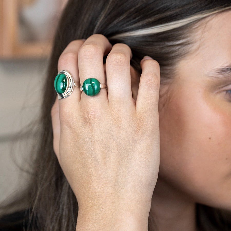 Sterling Silver Round Malachite Cabochon Ring | The Jewellery Stop
