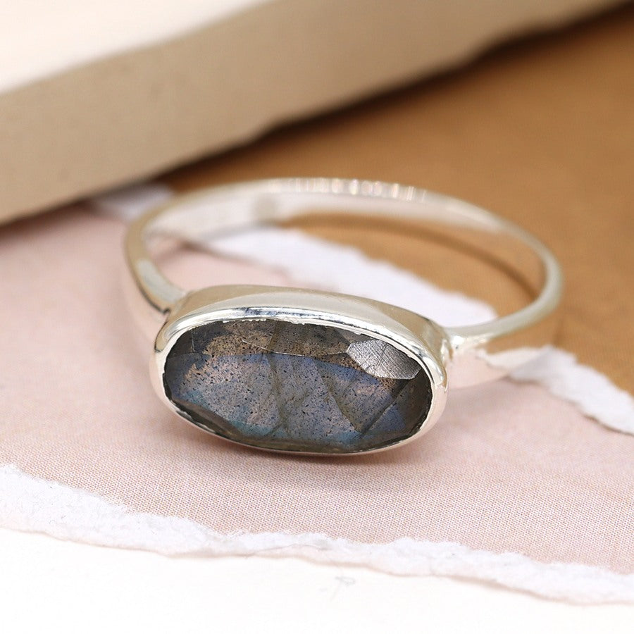 Sterling Silver Faceted Labradorite Ellipse Ring